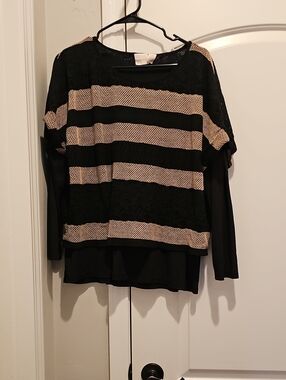 Chico's Women's Layered Mesh Long Sleeve Black Top with Beige Stripes